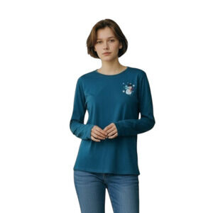 QUACKER FACTORY Women's L T-Shirt Embroidered Snowman Whimsical Holiday 42"